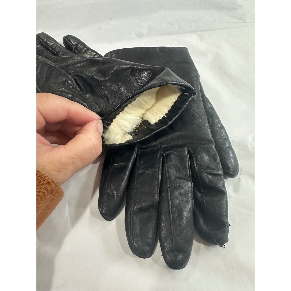 Vintage Fownes Black Genuine Leather Gloves Rabbit Fur Lined Size 7 Womens